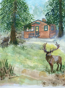 Elk in front of Cabin in the Woods