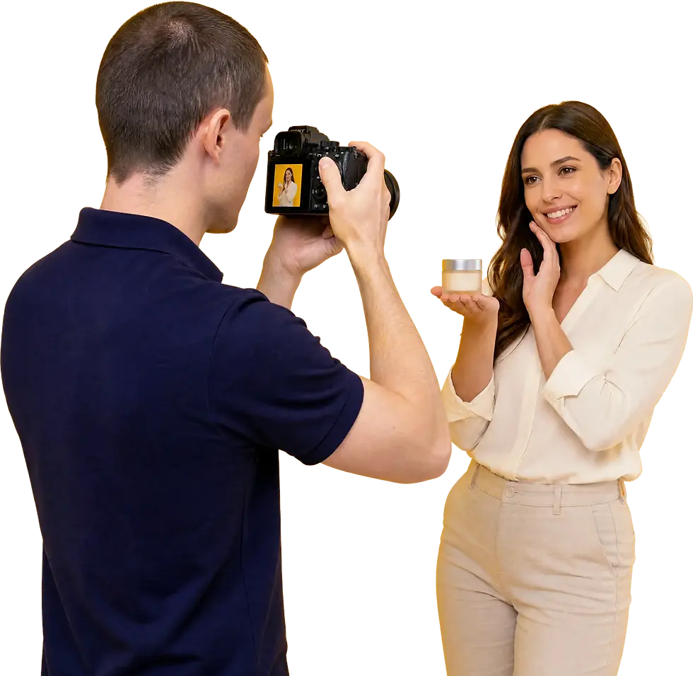Fotografo ritrae una professionista mentre presenta un prodotto per contenuti fotografici social a Brescia