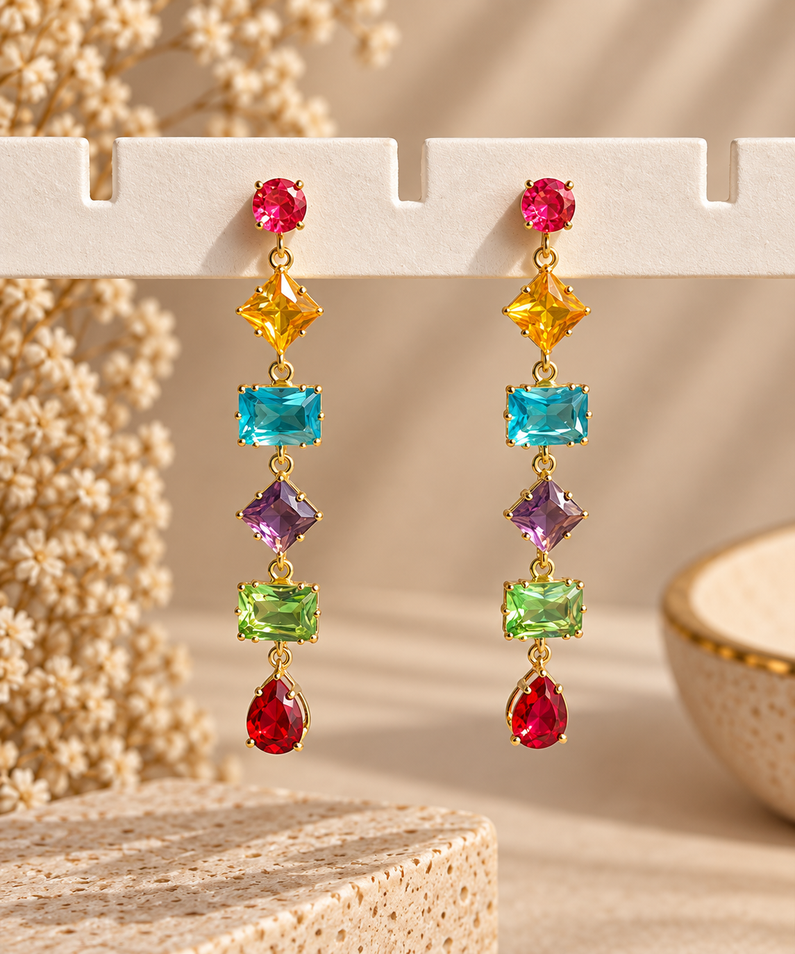 Multicolour Gemstone Gold Drop Earrings