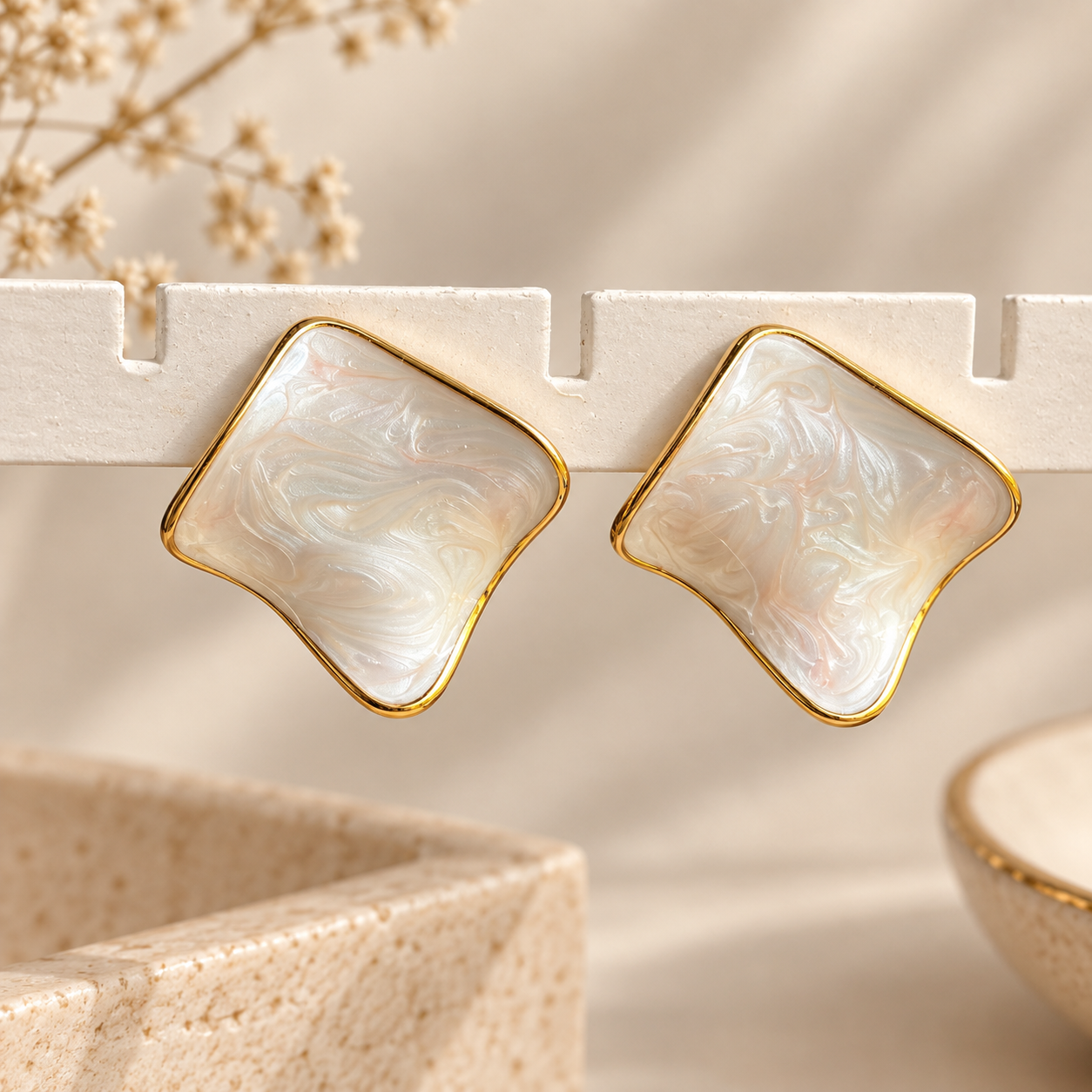 Gold Mother of Pearl Square Stud Earrings