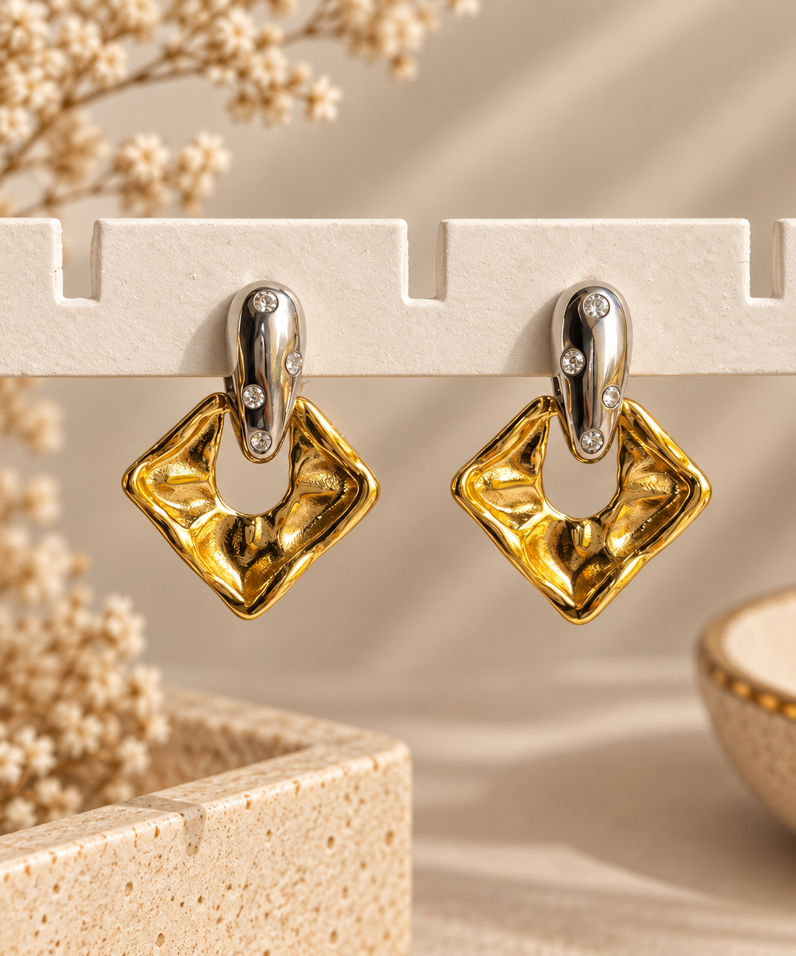 Gold Sculpted Geometric Crystal Drop Earrings