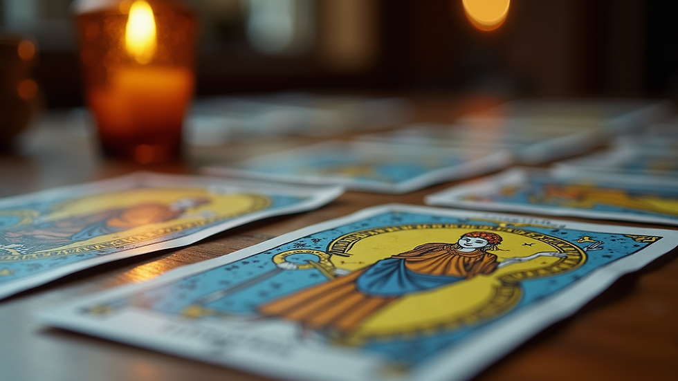 Close-up view of tarot cards spread on a wooden table