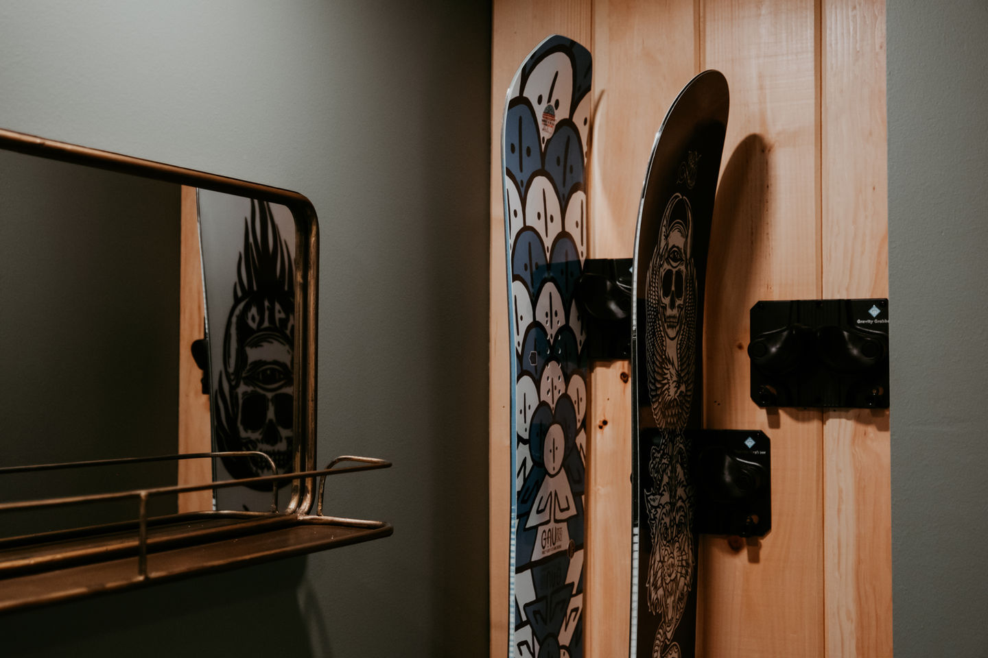 Ski storage and gear wall with Gravity Grabbers, Wilder vacation rental, Quechee Vermont, Wild Birch Design