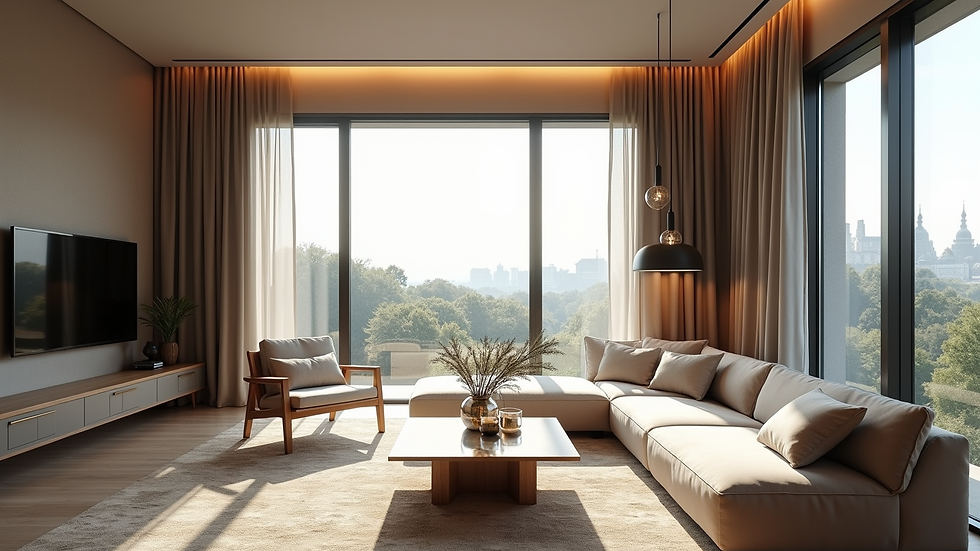 High angle view of a luxury home interior with modern furniture and large windows