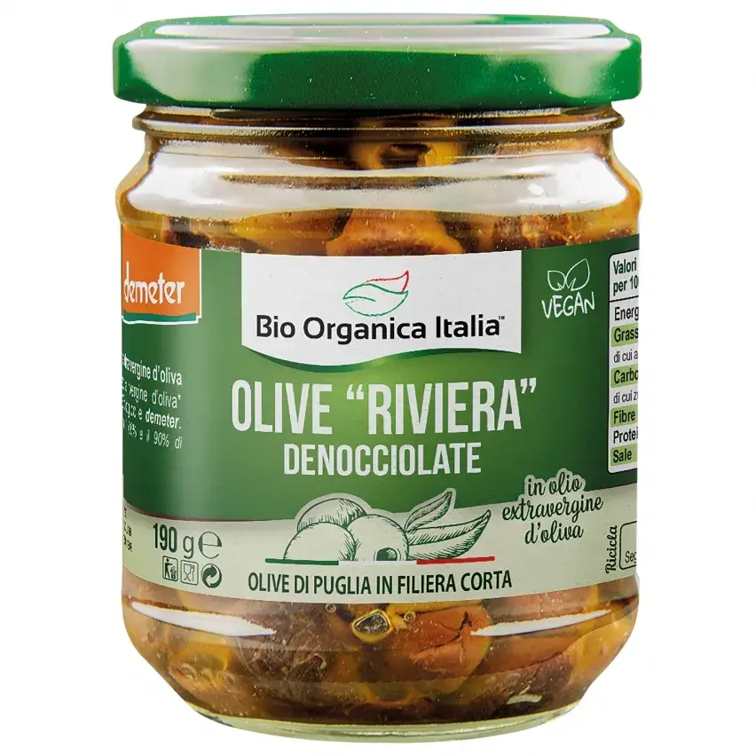 Pitted Black Olives "Riviera" in Extra Virgin Olive Oil 190g Bio Organica Italia