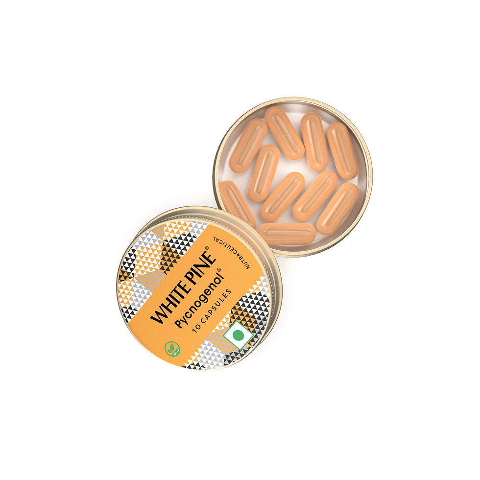 (3D visualization of White Pine Pycnogenol® capsules, highlighting their sleek design and packaging.)