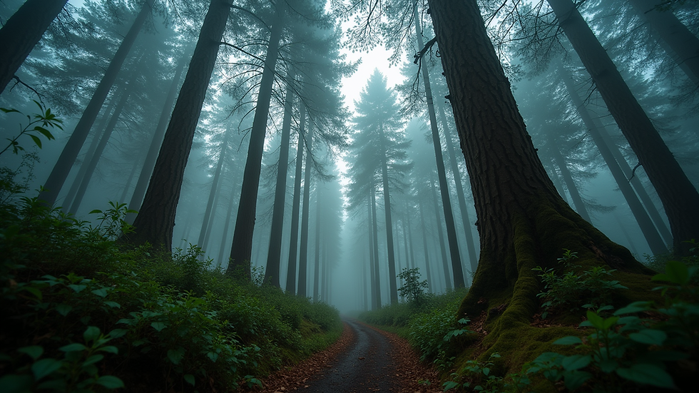 Eye-level view of a mystical forest with towering trees