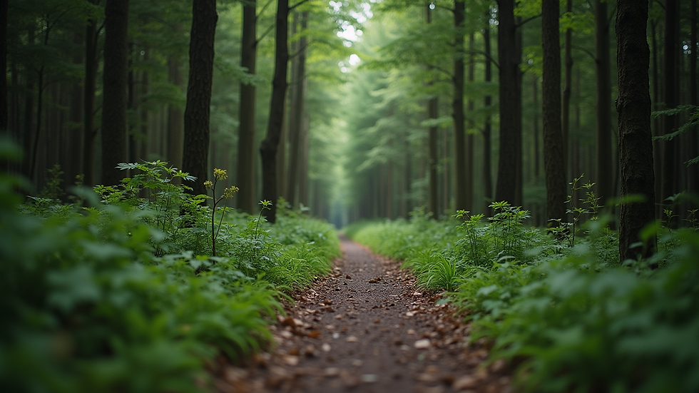 Eye-level view of a winding path through a dense forest