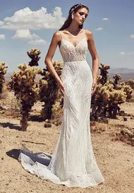 Calla Blanch 19124 
Fully beaded wedding dress. no lace. nontraditional bride. Art deco wedding. glam sparkle fit and flare