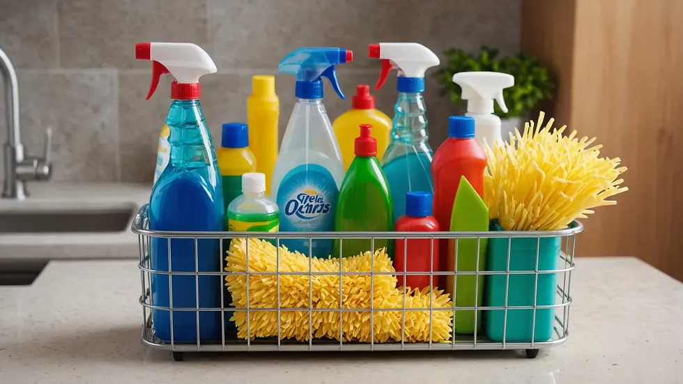Close-up view of a colorful, organized cleaning caddy filled with natural cleaning supplies