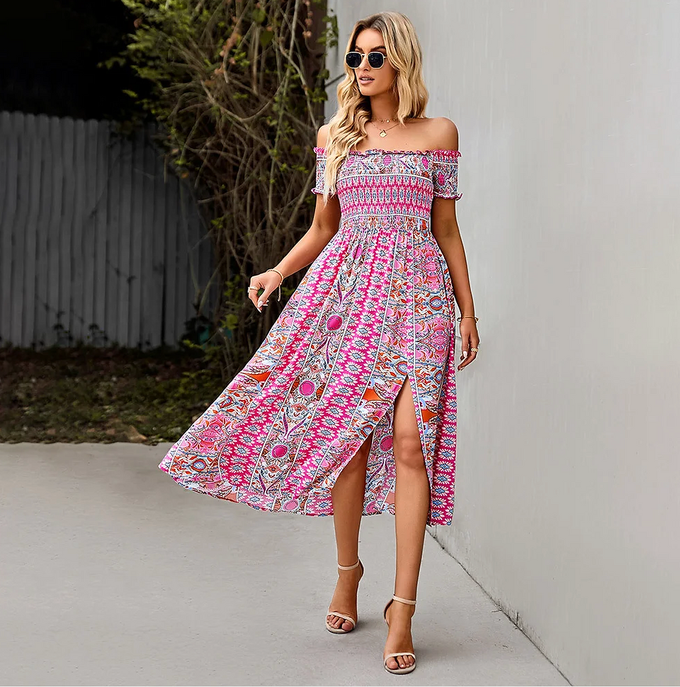 Boho floral print off-shoulder maxi dress, a chic and vibrant addition to your wardrobe.