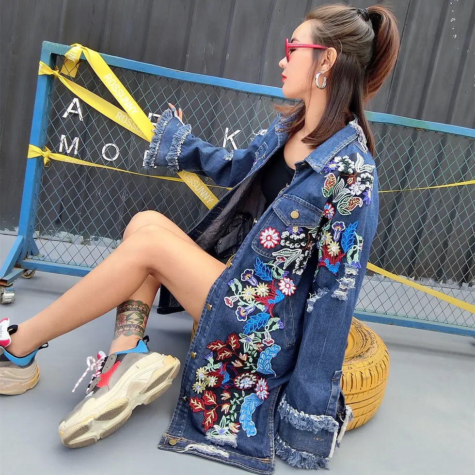 Thumbnail: Midnight Bloom Ripped Floral Embroidery Denim Coat