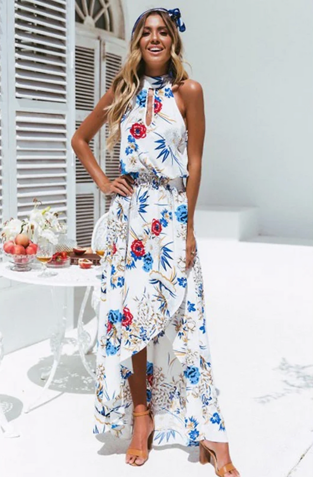 Bohemian style flower print maxi dress, a colorful and free-spirited fashion choice