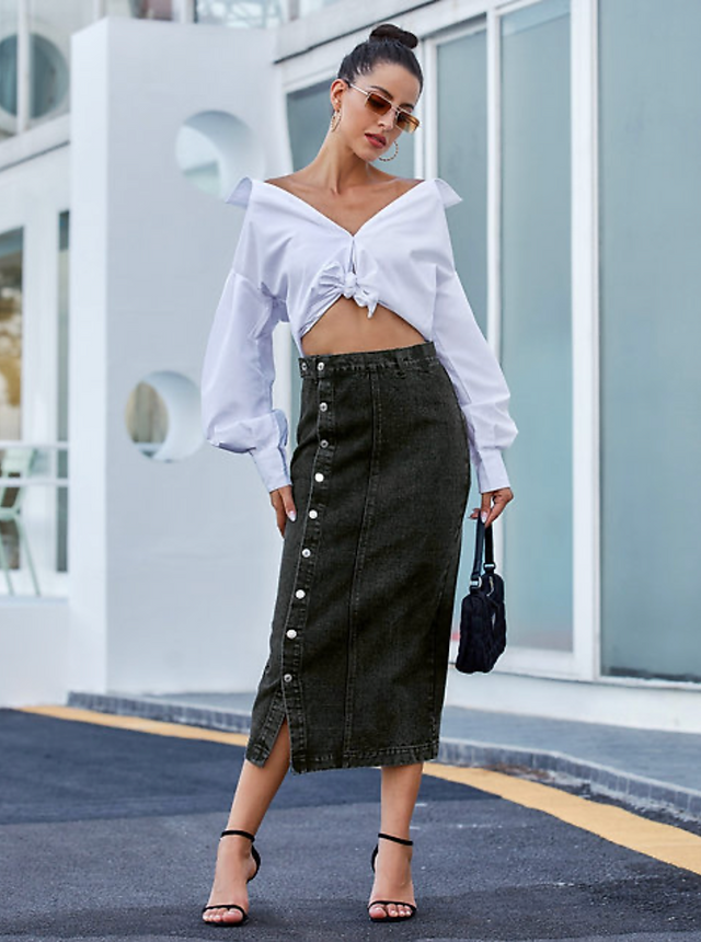 Button Irregular Slit Skirt - Chic and Trendy Bottom for Women Over 40