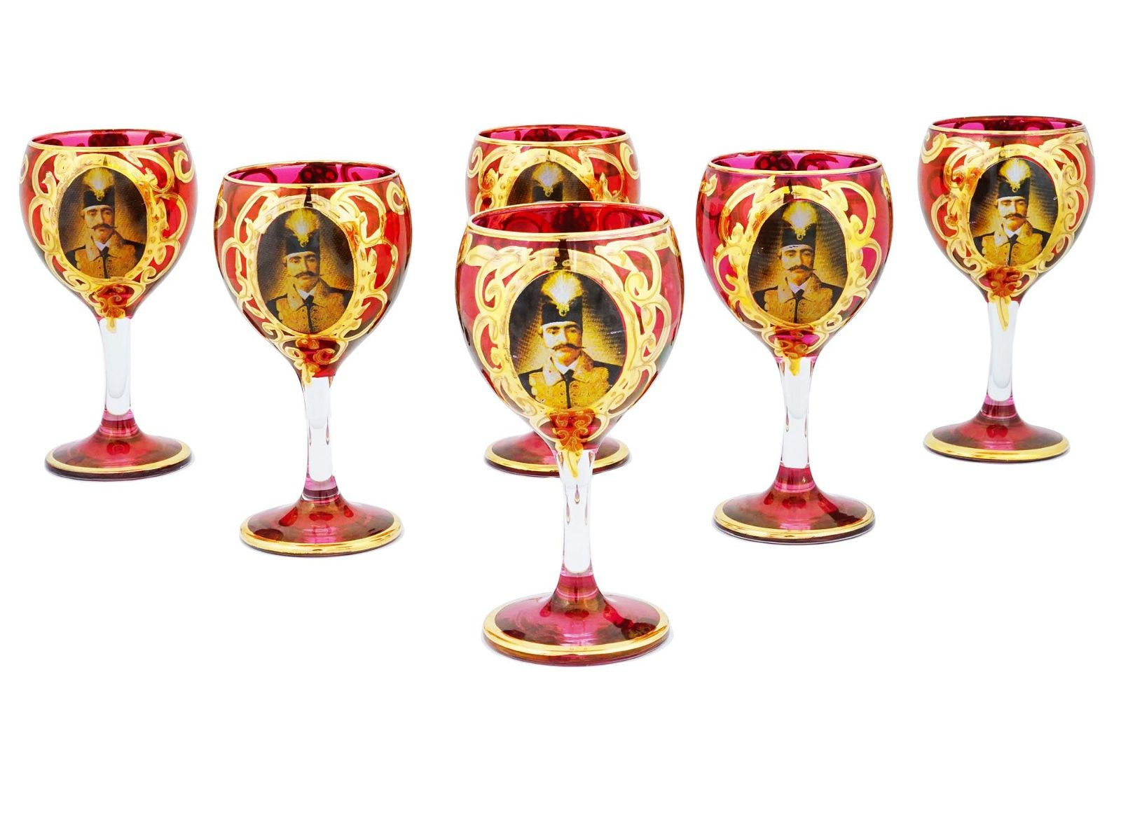 LOT 3770: PERSIAN QAJAR STYLE PAINTED GLASS WINE GOBLETS SET