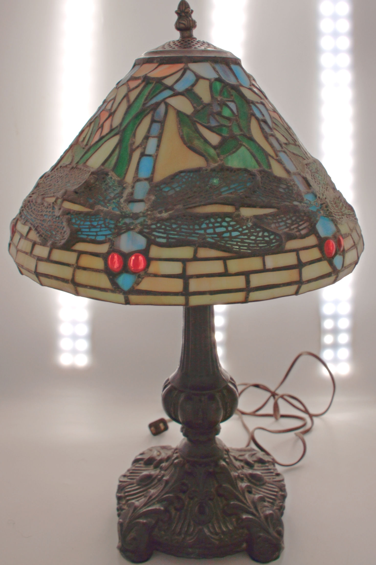 LOT 3909: Tiffany-Style Lamp, Bronze Molded Base Late 20th C