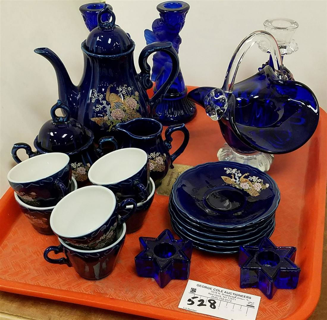 TRAY- COBOLT TEASET, COBOLT CANDLESTICKS ETC