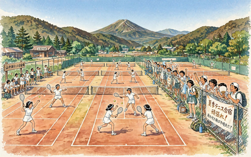 晴天に恵まれた夏合宿でテニスに明け暮れる大阪大学テニス同好会の学生たち