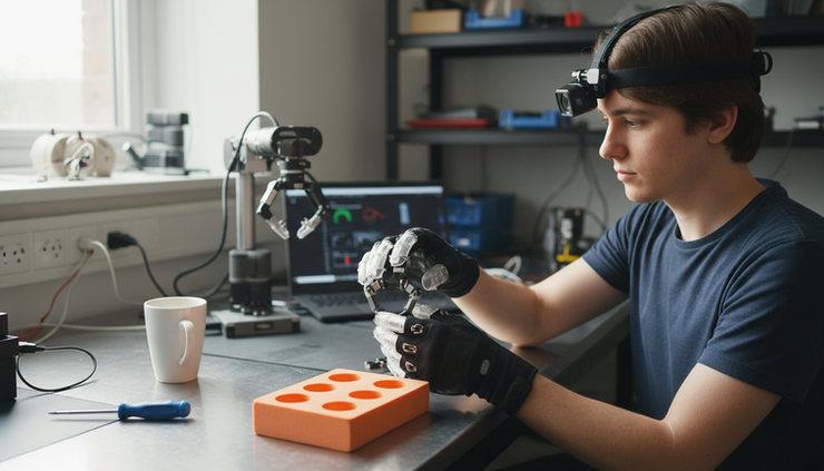 Eye-level view of a robotic data collection setup with wearable cameras and tactile gloves