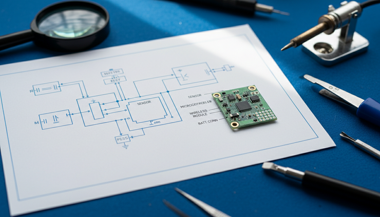 Top-down view of an IoT circuit schematic beside a small assembled board