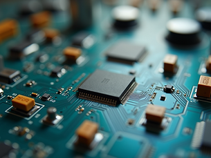 A closeup of the PCB displaying an IC in detail.