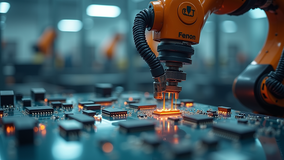 Close-up view of automated robotic arm assembling electronic components