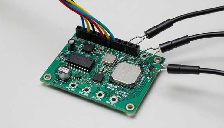 Angled view of a small prototype PCB connected to wires and measurement probes.