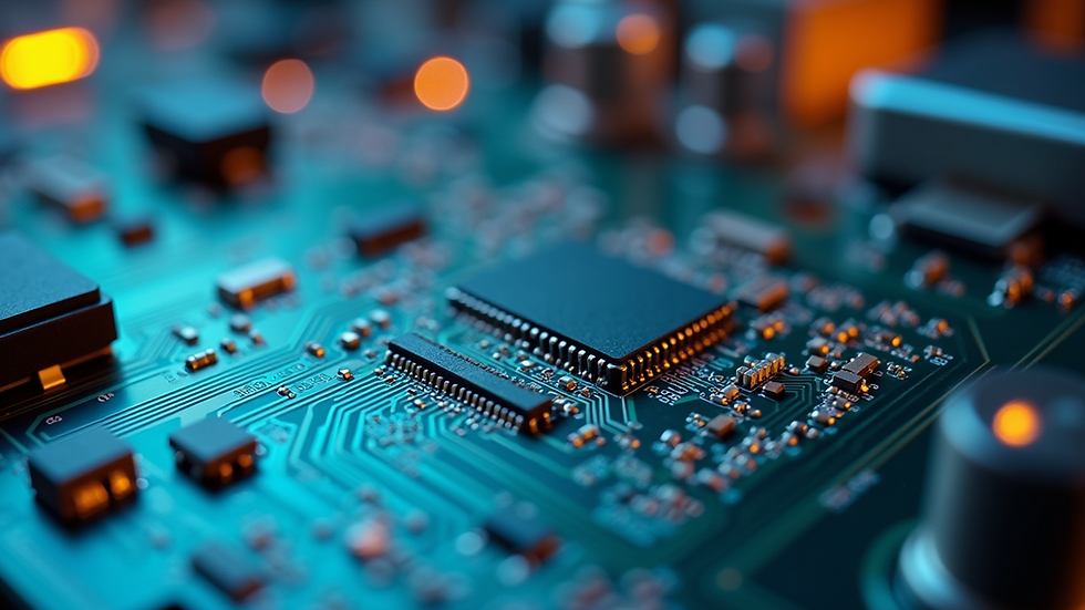 Eye-level view of an electronic circuit board highlighting intricate PCB design elements