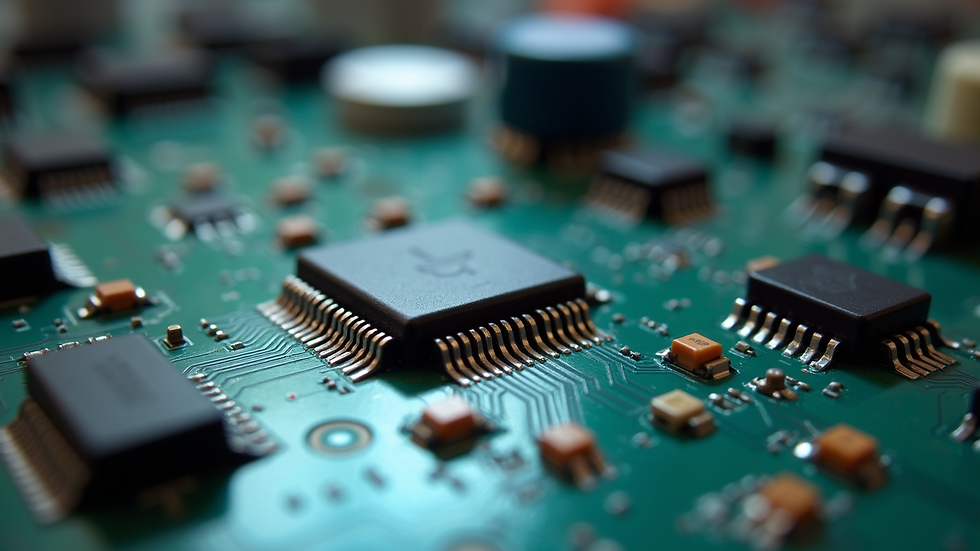 Eye-level view of circuit board with various electronic components