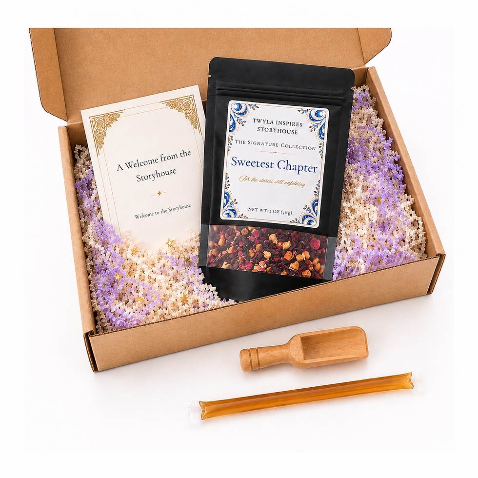 Welcome to the Storyhouse gift box with Sweetest Chapter tea, honey stick, and wooden tea scoop