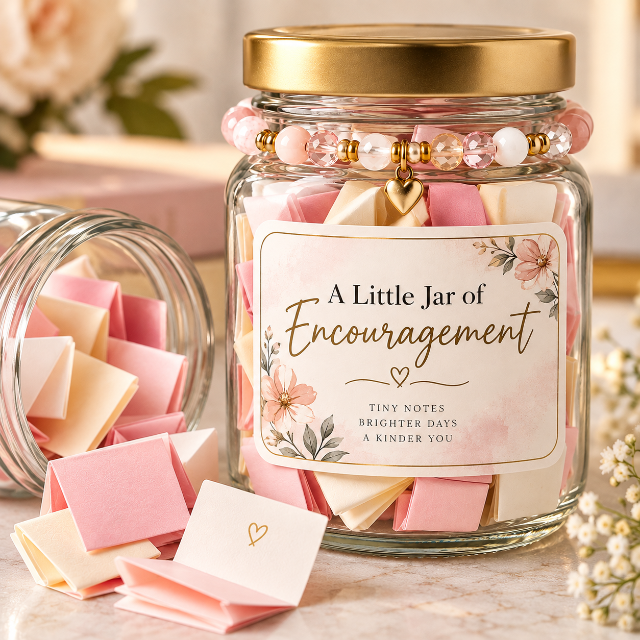 A Little Jar of Encouragement with folded notes, handmade bracelet and front label