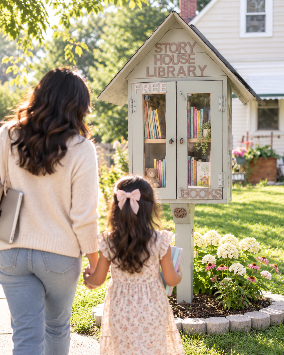 : Parent and child walking toward the outdoor Storyhouse Library.