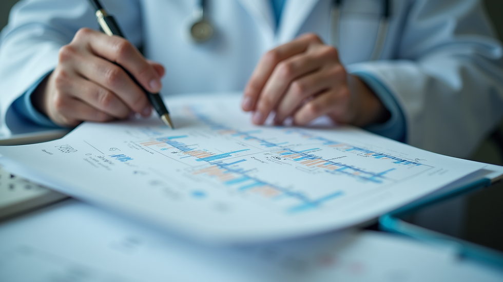 Close-up view of a doctor reviewing medical documents