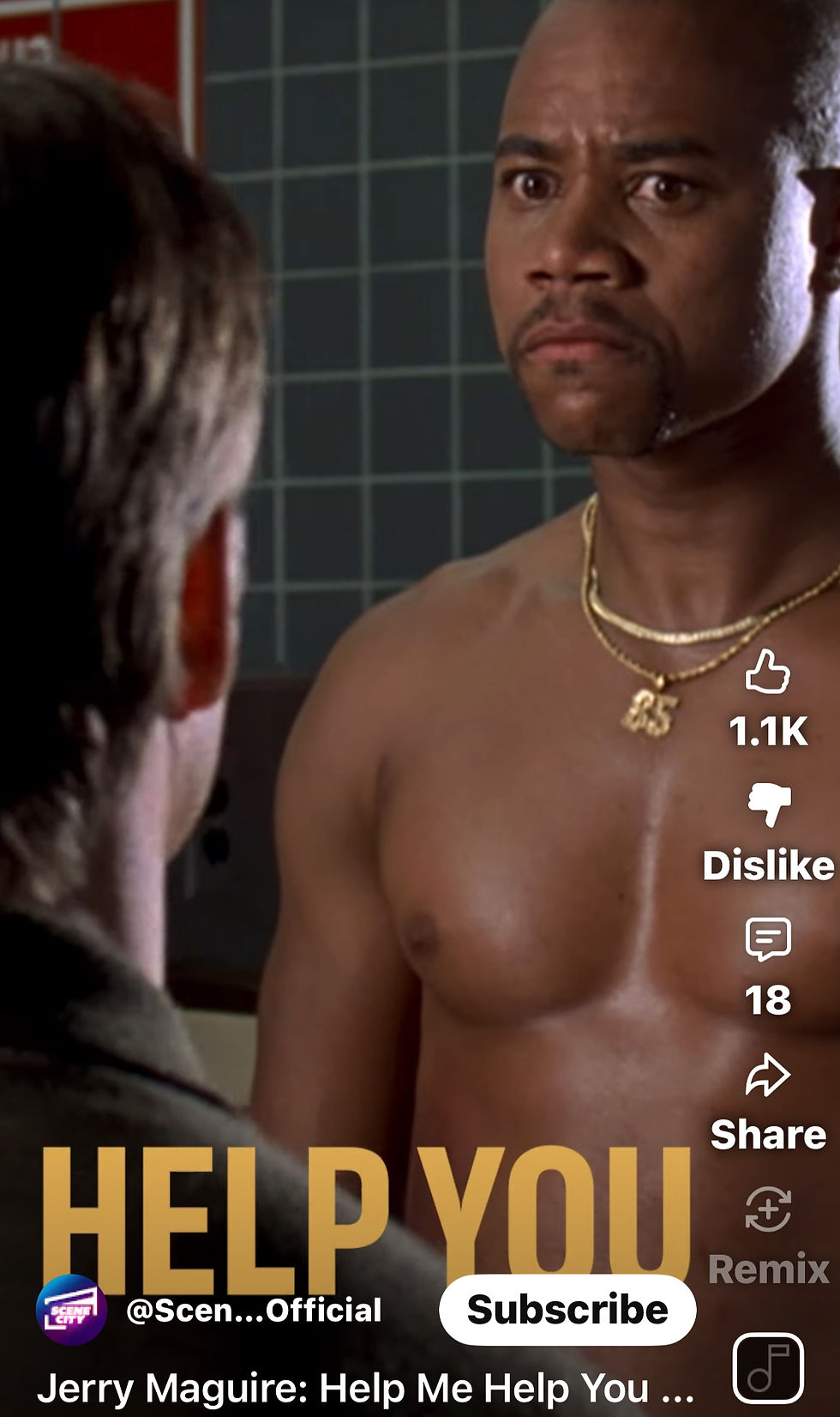 Shirtless man with gold chain looks serious, facing another person in a tiled room. Text: "HELP YOU". Video interface with buttons visible.