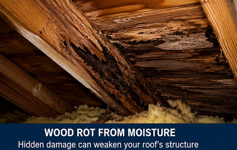 Rotted roof beams over insulation with warning text about moisture damage and weakened roof structure.
