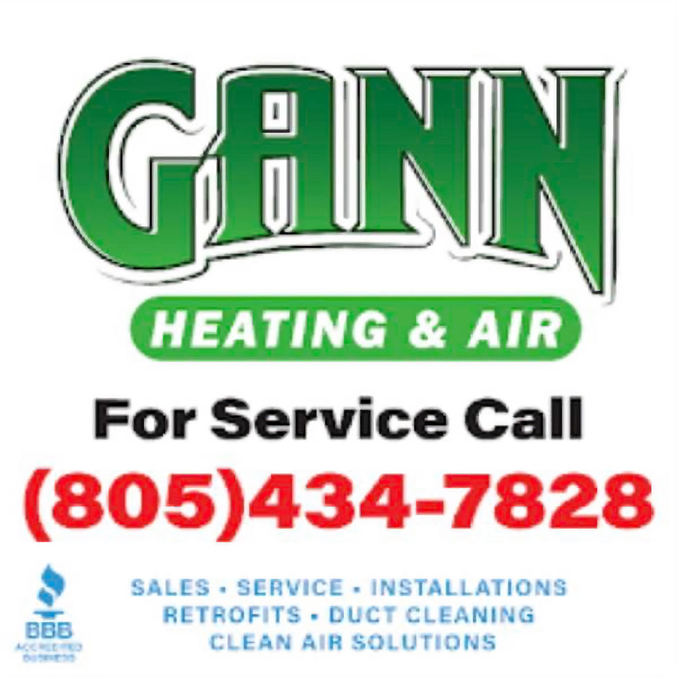 GANN Heating & Air logo in green and white. Service call number in red: (805) 434-7828. Services listed below with BBB logo.