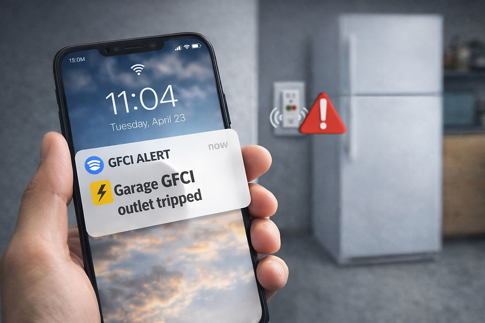 Hand holding a phone displaying a GFCI alert notification. Background shows a fridge and GFCI outlet with a red warning icon.