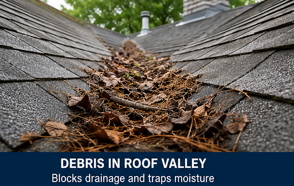 Debris-filled roof valley on gray shingles with leaves and pine needles; text says debris blocks drainage and traps moisture.