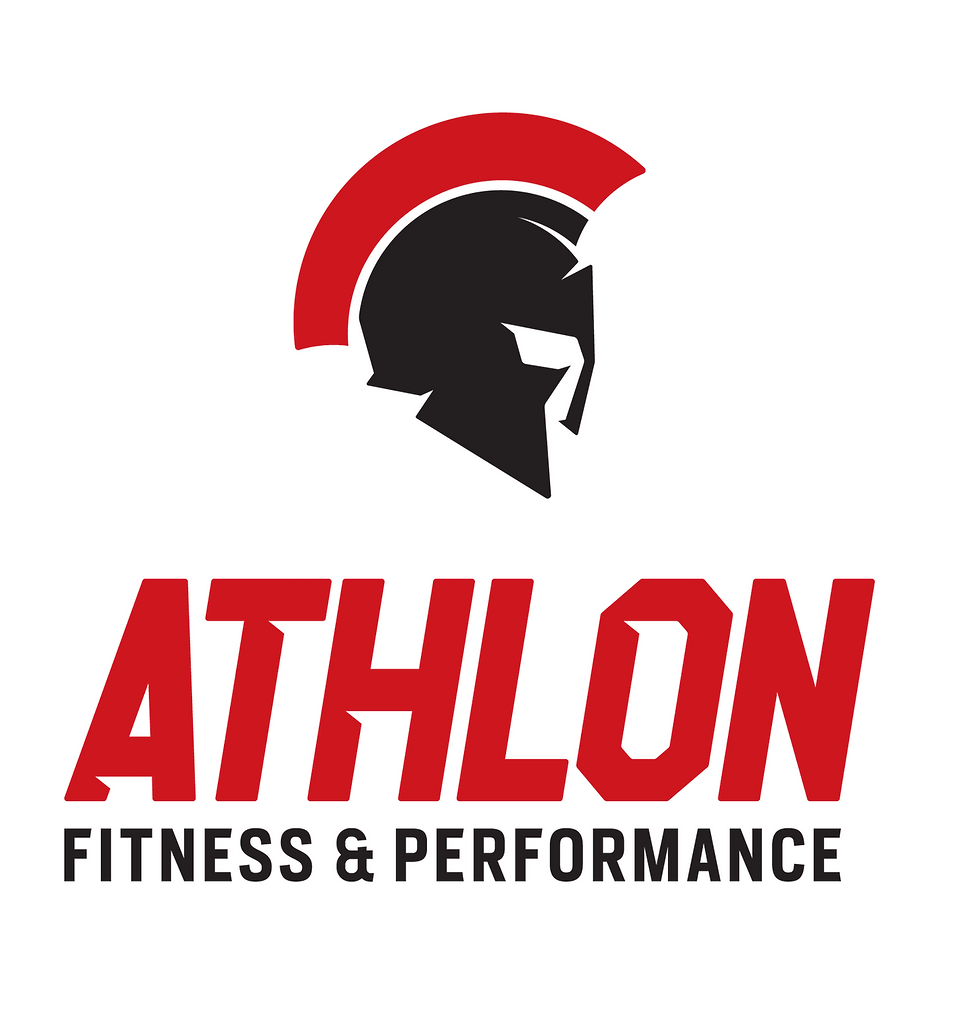 Spartan helmet logo with text "ATHLON FITNESS & PERFORMANCE" in bold red and black font on a white background.