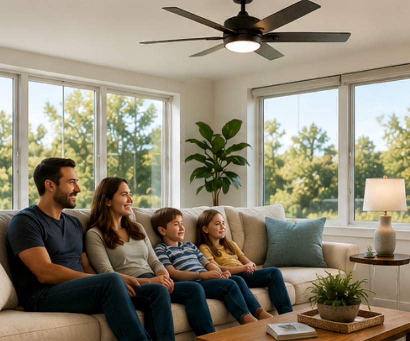Family of four relaxes on a beige sofa in a bright living room with large windows, plants, and a lit lamp, smiling together