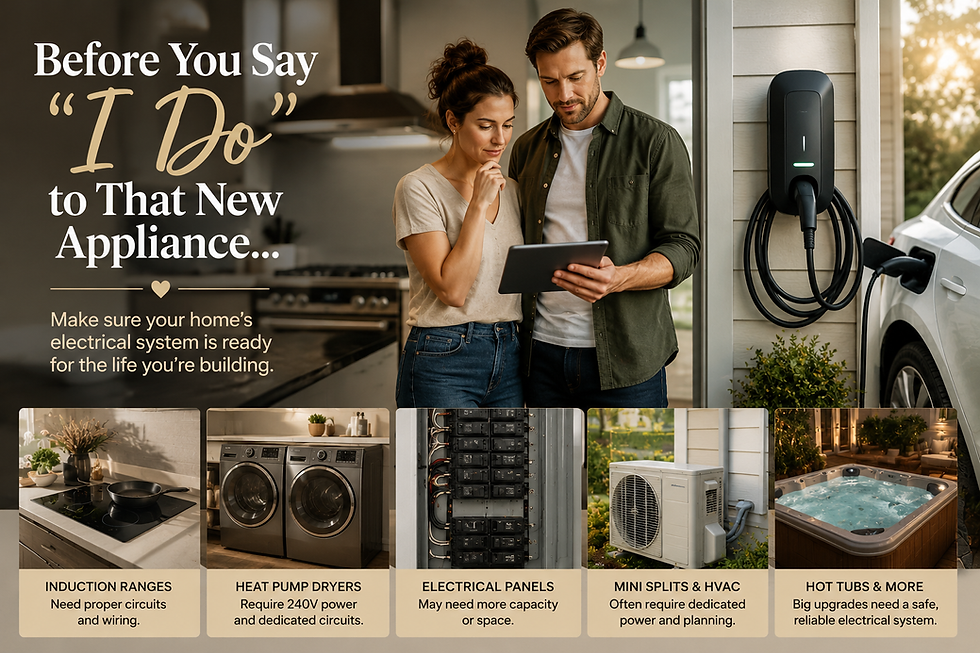 Couple with tablet in modern kitchen explore home electrical needs. Text: "Before You Say 'I Do' to That New Appliance..." Appliances shown below.