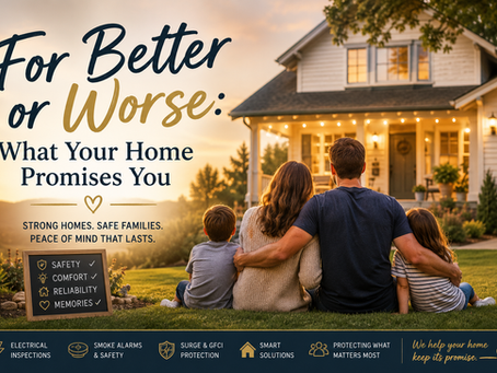 Family sits on lawn facing lit house at sunset; ad text reads For Better or Worse and lists home safety promises.