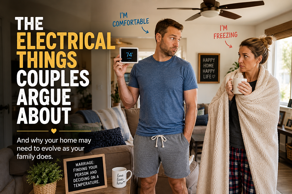 Couple in cozy living room argue over thermostat, man holding 74° thermostat, woman wrapped in blanket; poster text on homescreenshot