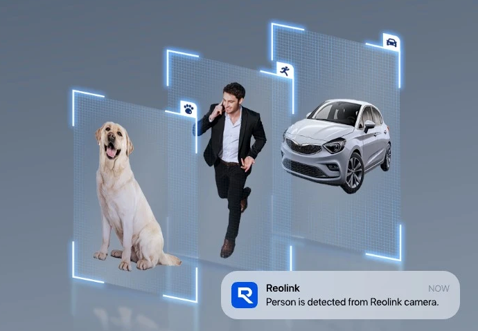 A dog, a person on the phone walking, and a silver car are on highlighted screens. Reolink alert reads: "Person is detected from Reolink camera."
