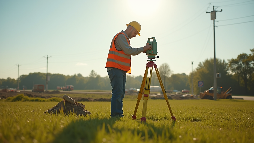 Wide angle view of a surveyor setting up equipment on a grassy Ohio construction site