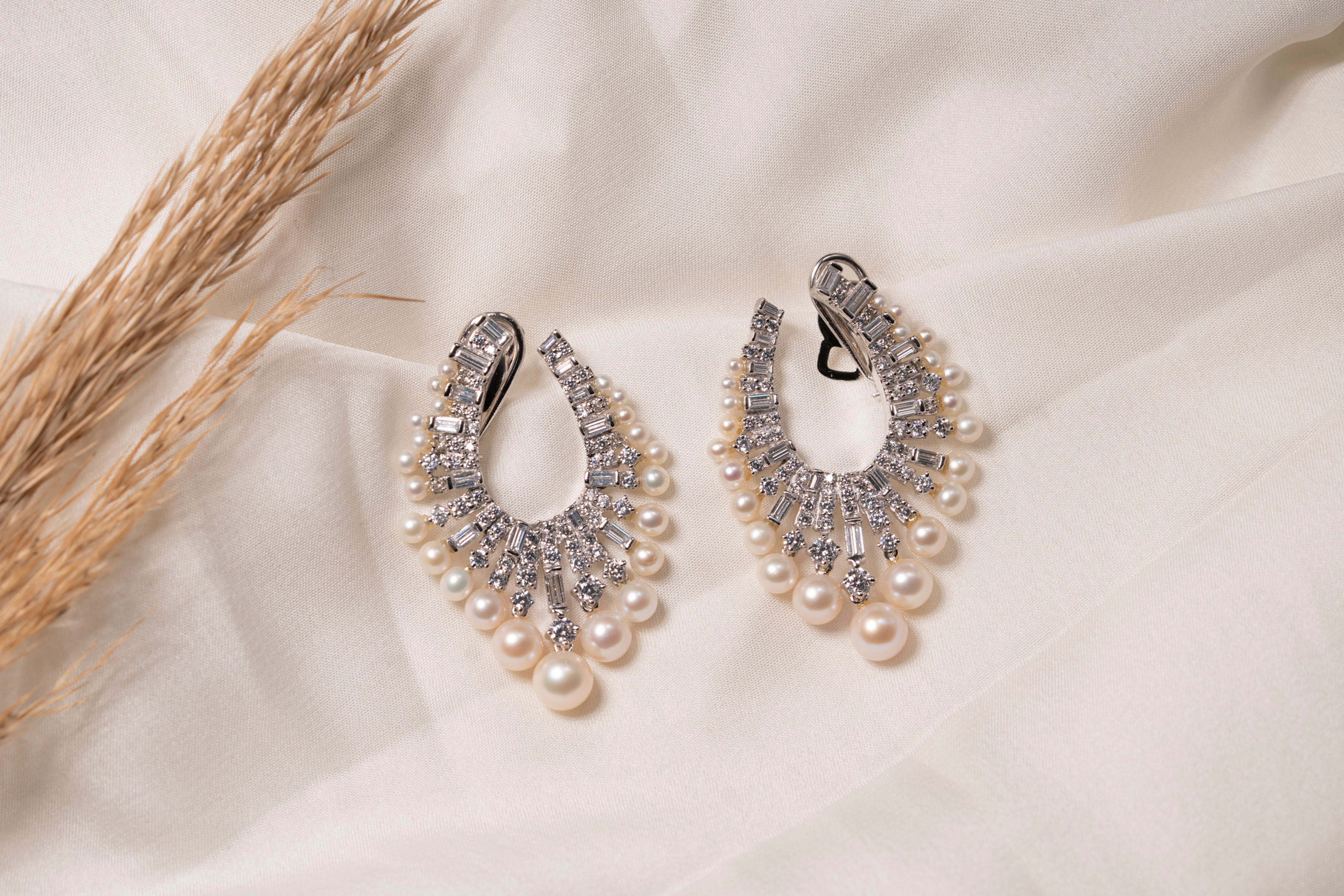 White Finish Swarovski Stone & Pearl Dangler Earrings In Sterling Silver