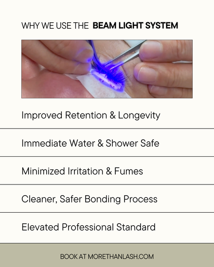 Close-up of Beam Light lash extension system used at More Than Lash for safer, longer-lasting lash a