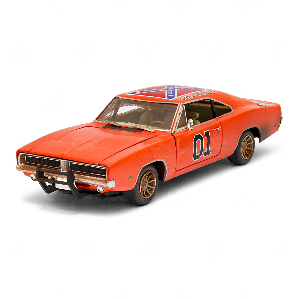 Réplica a escala 1:18, 1969 Dodge Charger 'General Lee', vista perspectiva frontal