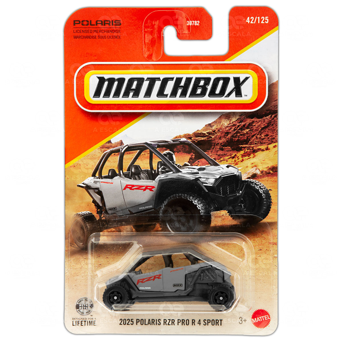 Réplica a escala 1:64, Polaris RZR (XP 1000), vista frontal del modelo dentro de su empaque