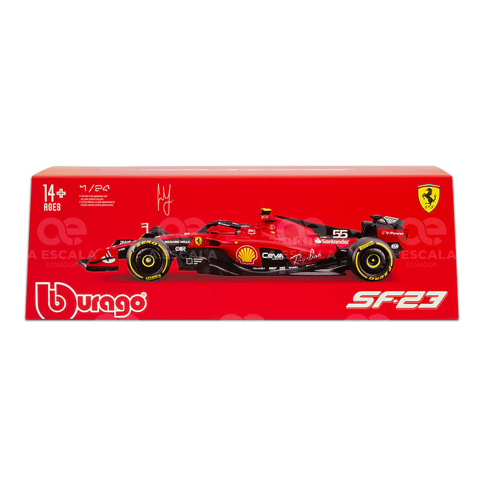 Miniatura: Réplica coleccionable a escala 1:24, 2023 Ferrari SF-23 #16 'Charles Leclerc', vista frontal del empaque